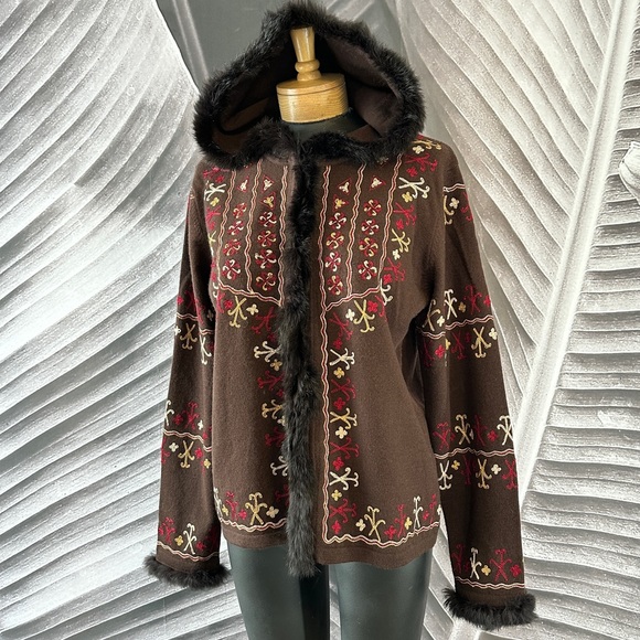Bohemian Boho L Sweater Cardigan Shacket Merino Wool Rabbit Fut Brown Red Gold - Picture 16 of 16